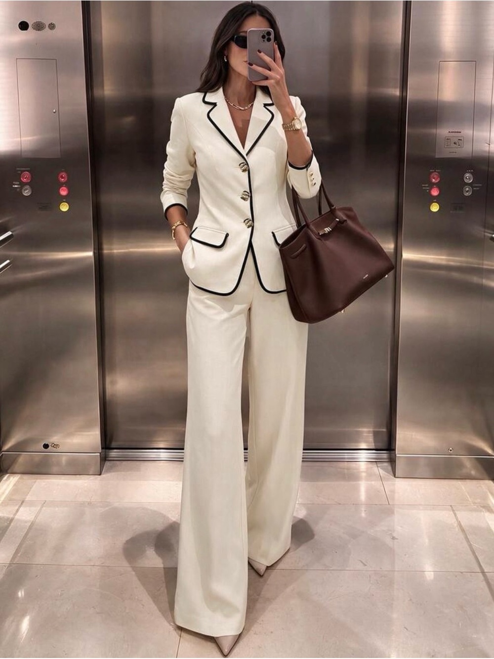 Cream Contrast-Trim Tailored Women's Pantsuit - Picture 2 of 6